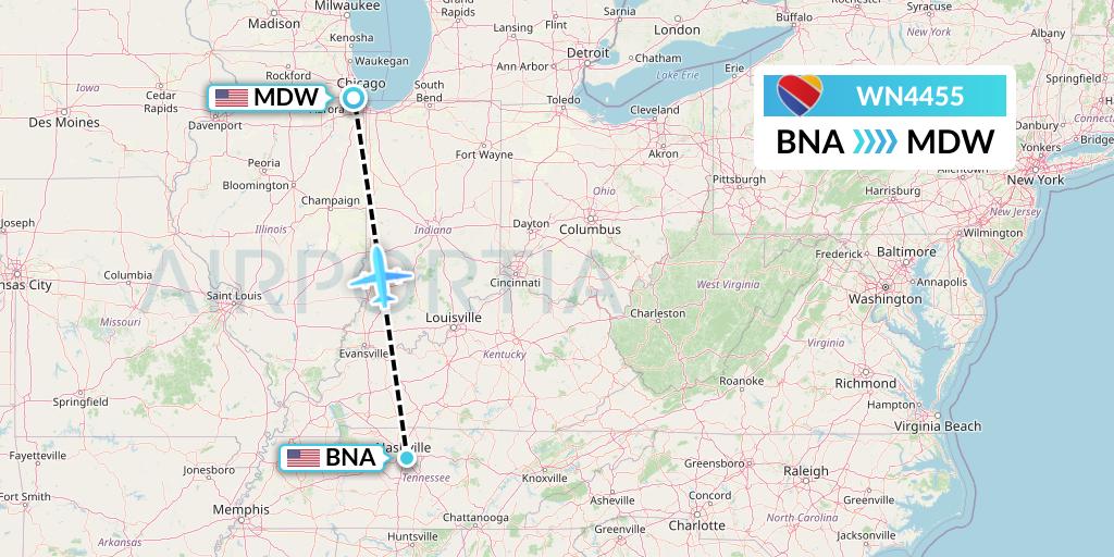 WN4455 Southwest Airlines Flight Map: Nashville to Chicago