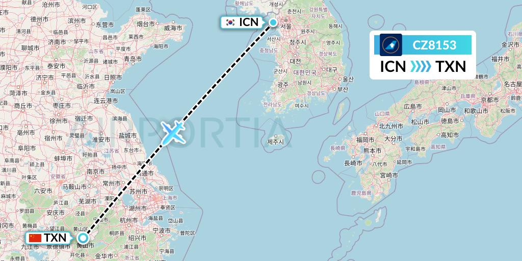 CZ8153 China Southern Airlines Flight Map: Seoul to Huangshan City