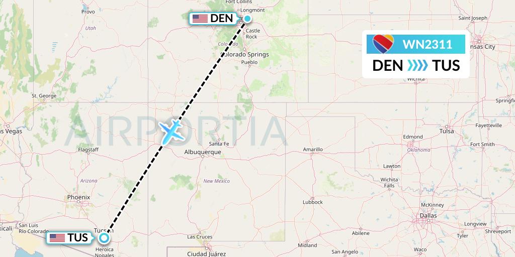 WN2311 Southwest Airlines Flight Map: Denver to Tucson