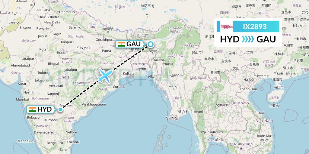 IX2893 Air India Express Flight Map: Hyderabad to Guwahati