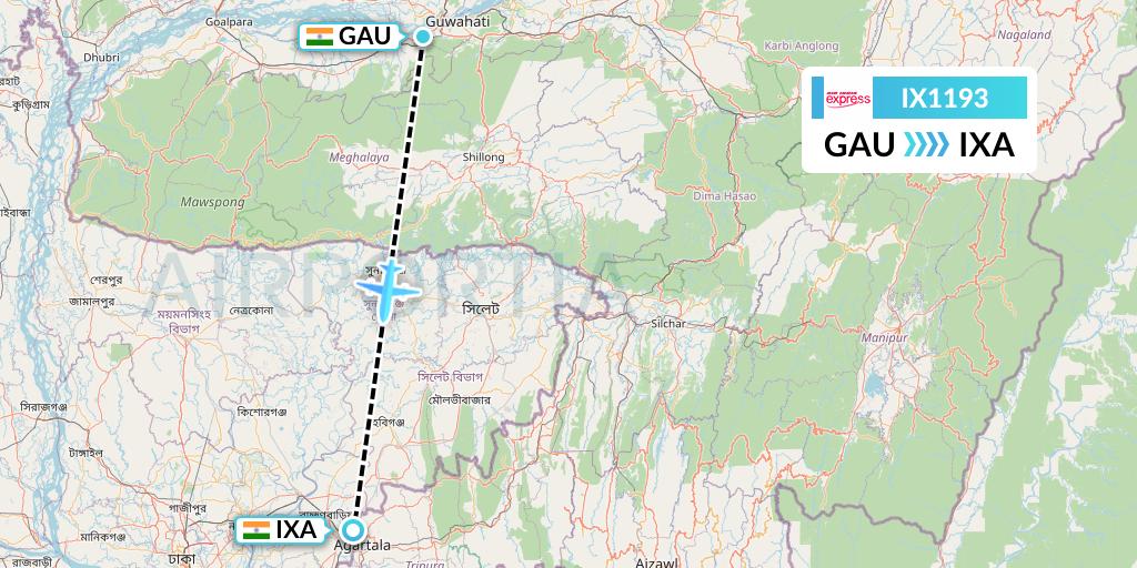 IX1193 Air India Express Flight Map: Guwahati to Agartala