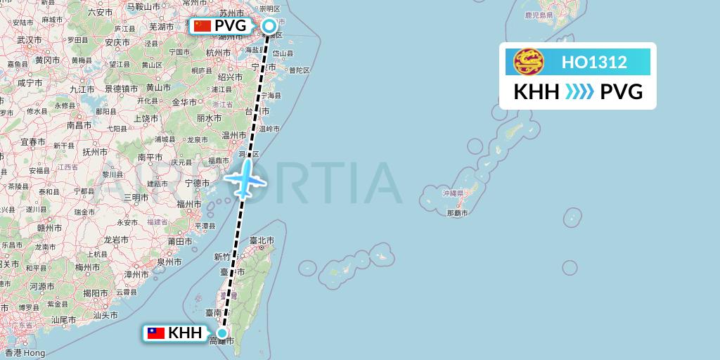 HO1312 Juneyao Airlines Flight Map: Kaohsiung to Shanghai