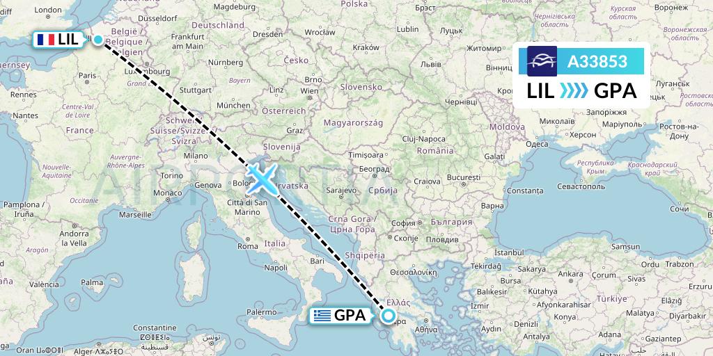 A33853 Aegean Airlines Flight Map: Lille to Patras