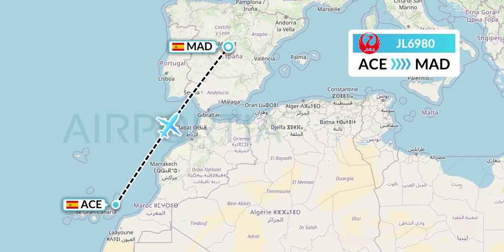 JL6980 Japan Airlines Flight Map: Lanzarote to Madrid