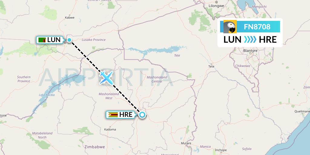 FN8708 Fastjet Flight Map: Lusaka to Harare