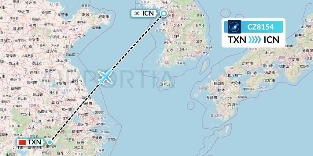CZ8154 China Southern Airlines Flight Map: Huangshan City to Seoul