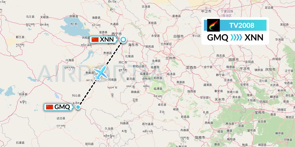 TV2008 Tibet Airlines Flight Map: Golog to Xining