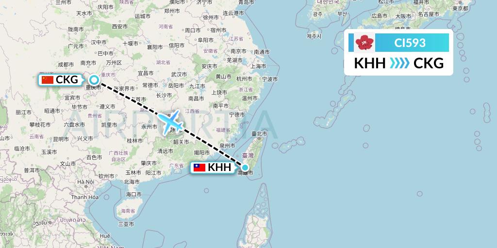 CI593 China Airlines Flight Map: Kaohsiung to Chongqing
