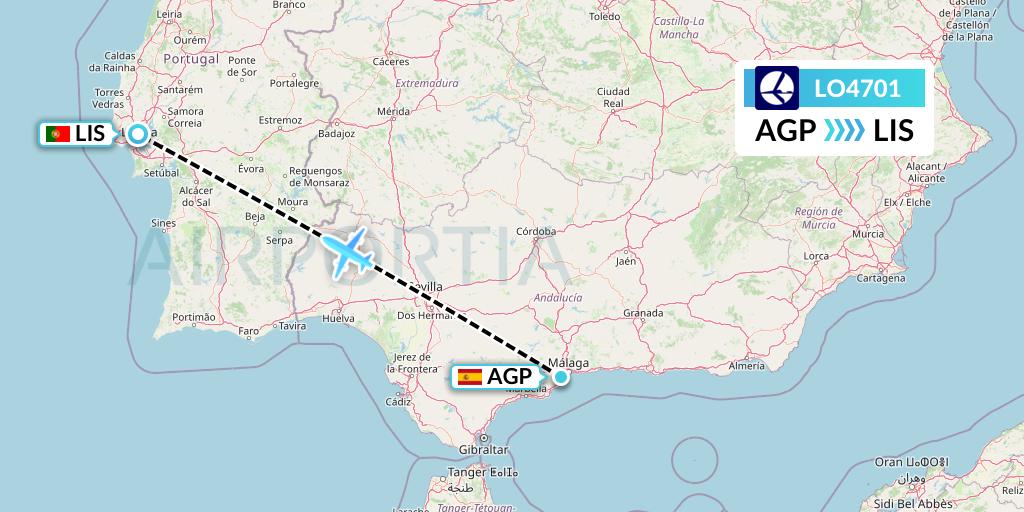 LO4701 LOT Flight Map: Malaga to Lisbon