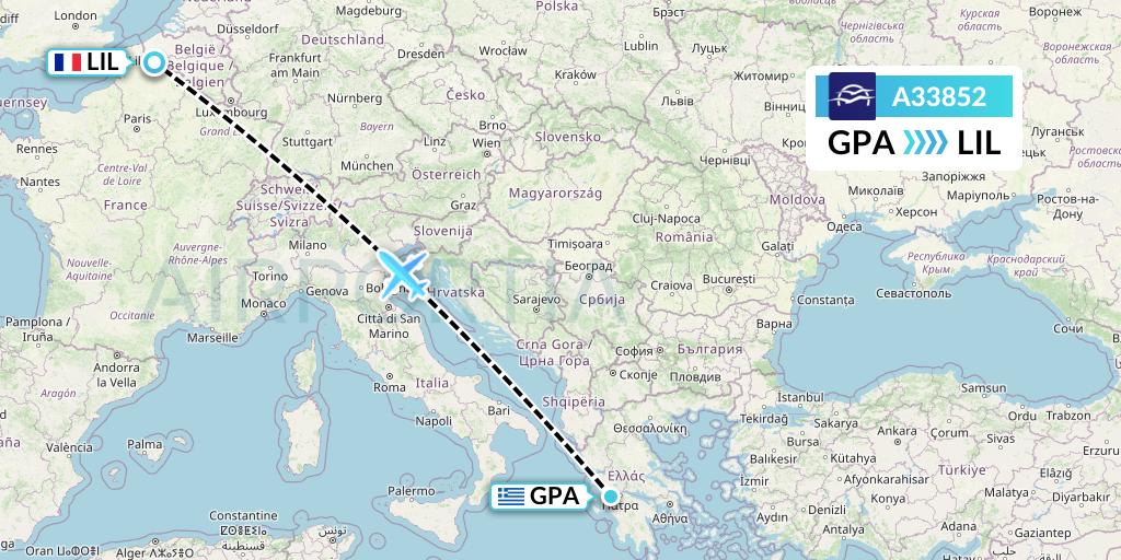 A33852 Aegean Airlines Flight Map: Patras to Lille