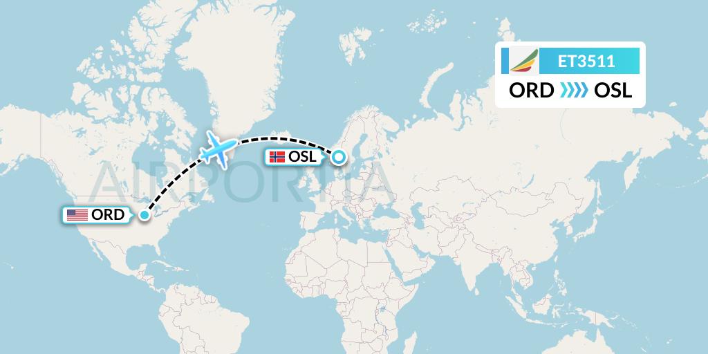 ET3511 Ethiopian Airlines Flight Map: Chicago to Oslo