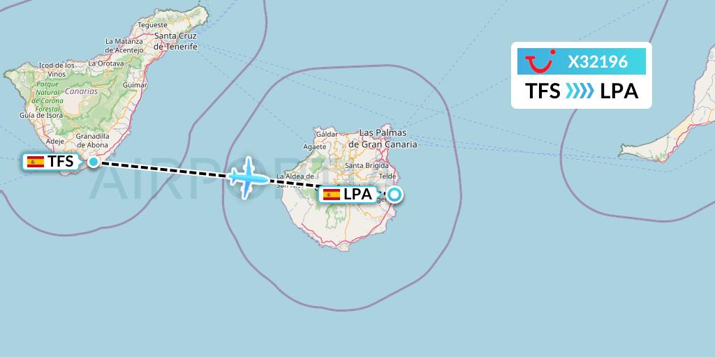 X32196 TUI fly Germany Flight Map: Tenerife to Las Palmas
