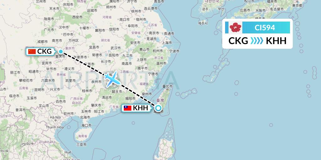 CI594 China Airlines Flight Map: Chongqing to Kaohsiung