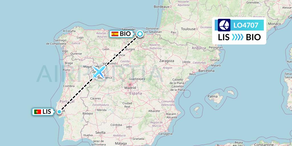 LO4707 LOT Flight Map: Lisbon to Bilbao