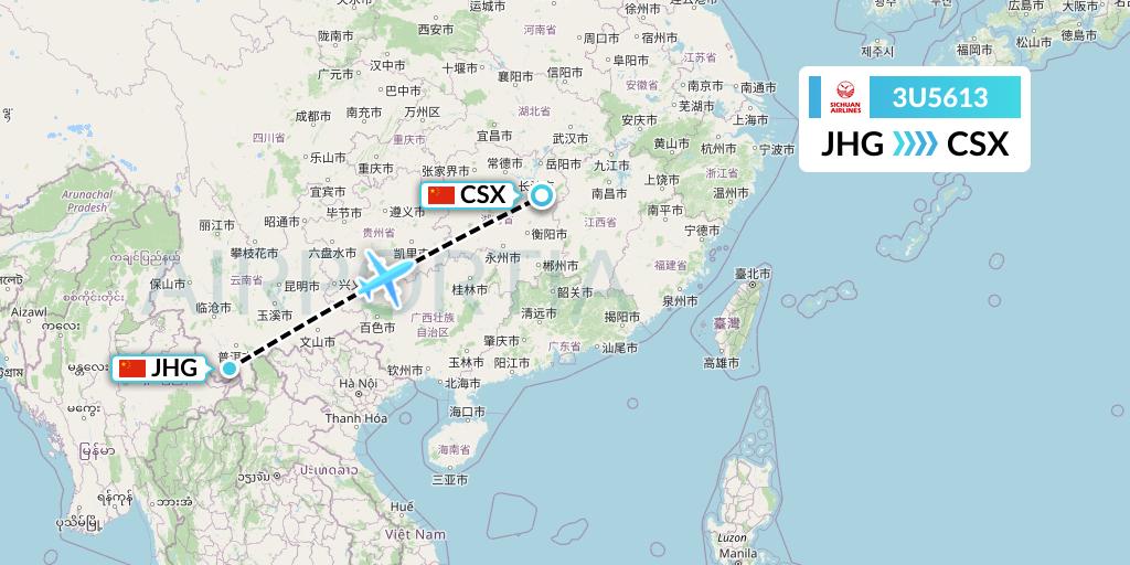 3U5613 Sichuan Airlines Flight Map: Jinghong to Changsha
