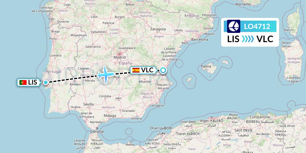LO4712 LOT Flight Map: Lisbon to Valencia