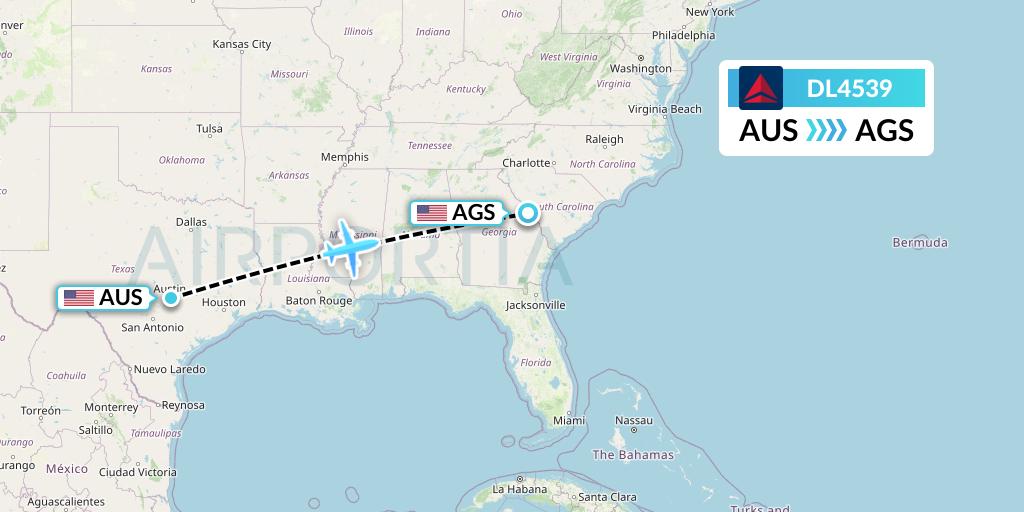 DL4539 Delta Air Lines Flight Map: Austin to Augusta