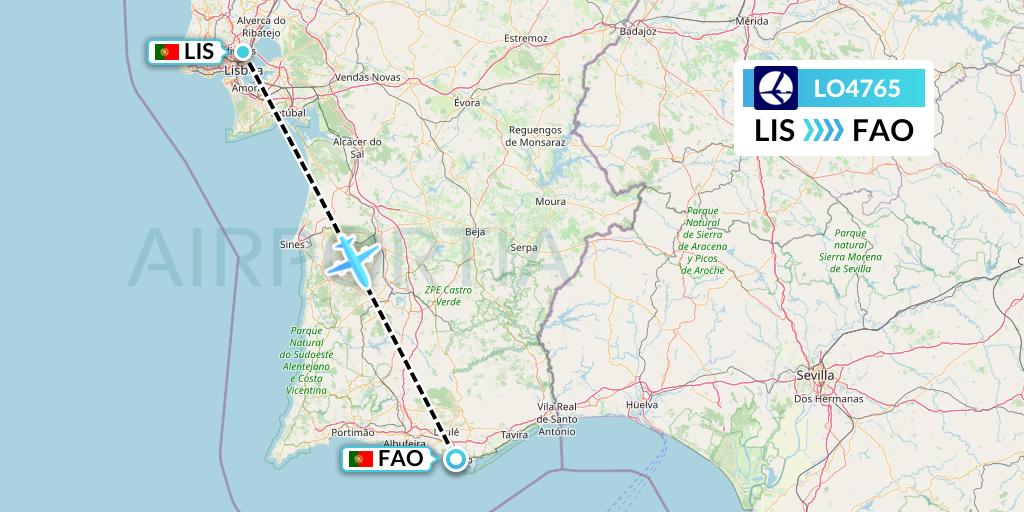 LO4765 LOT Flight Map: Lisbon to Faro