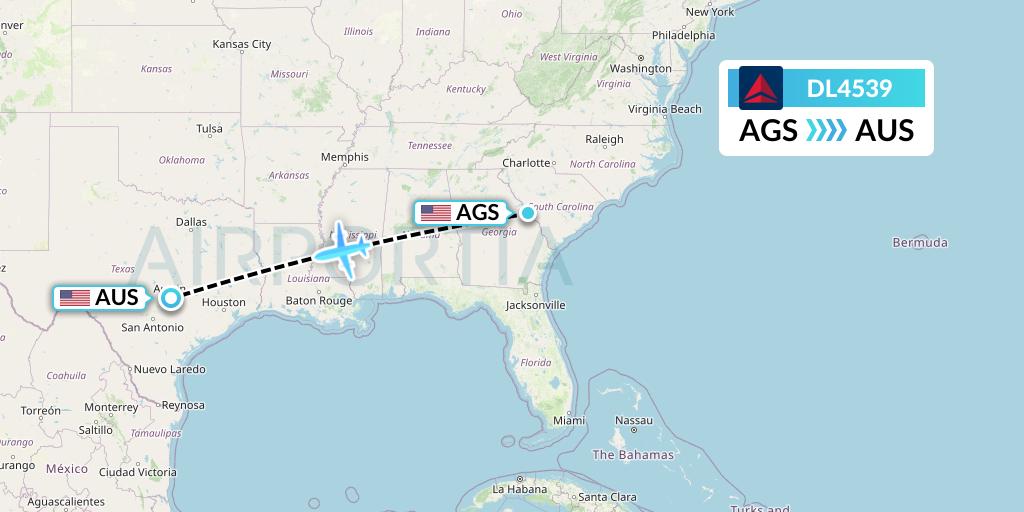 DL4539 Delta Air Lines Flight Map: Augusta to Austin