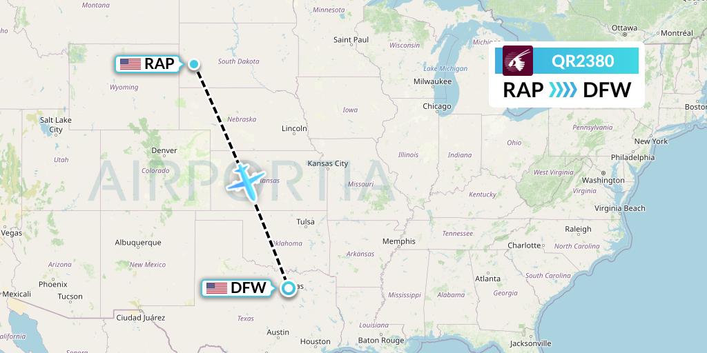 QR2380 Qatar Airways Flight Map: Rapid City to Dallas