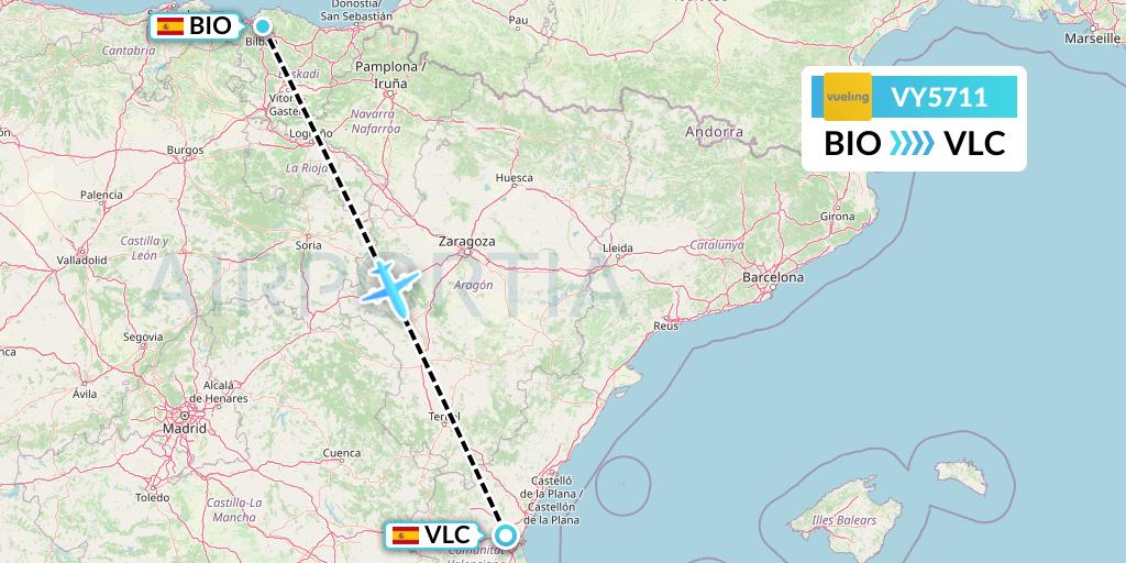 VY5711 Vueling Flight Map: Bilbao to Valencia