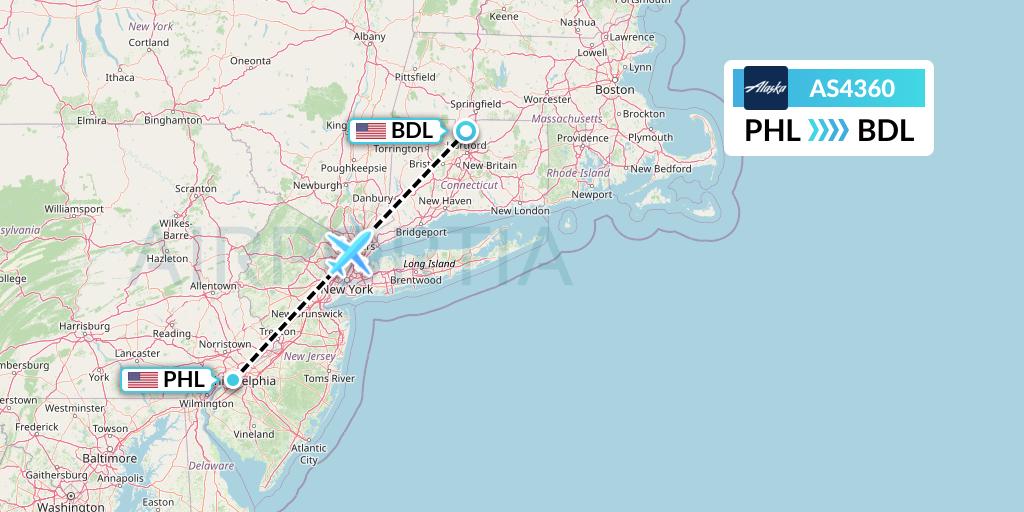AS4360 Alaska Airlines Flight Map: Philadelphia to Windsor Locks