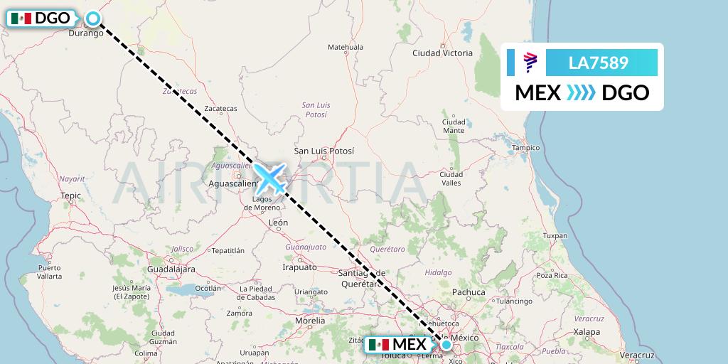 LA7589 LAN Airlines Flight Map: Mexico City to Durango