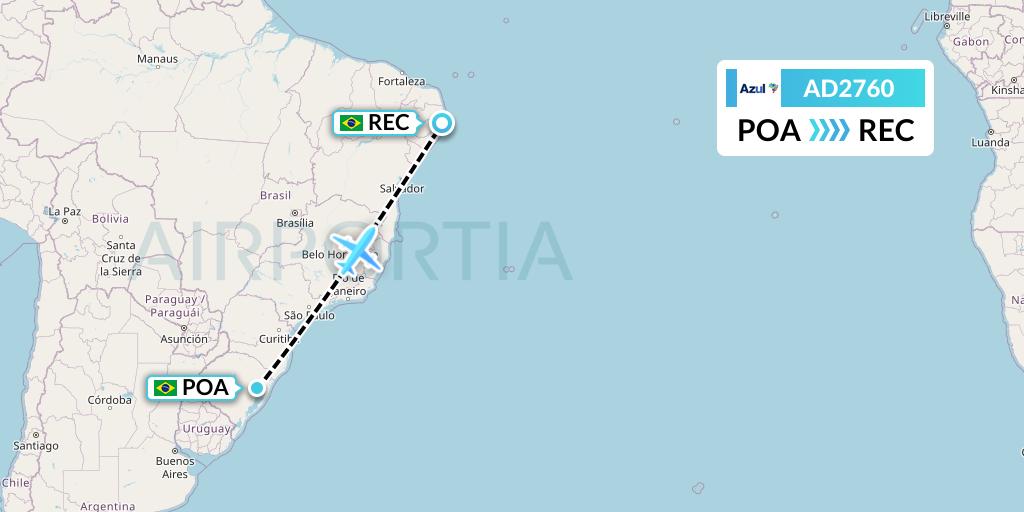 AD2760 Azul Brazilian Airlines Flight Map: Porto Alegre to Recife