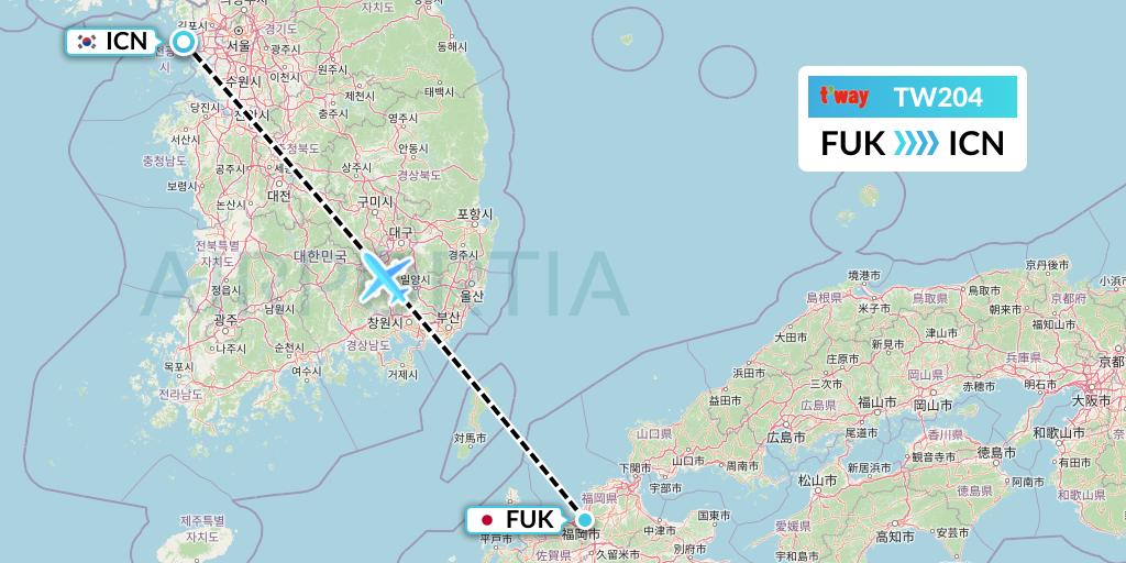 TW204 T'way Air Flight Map: Fukuoka to Seoul
