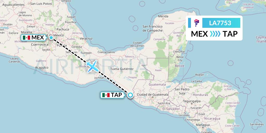 LA7753 LAN Airlines Flight Map: Mexico City to Tapachula
