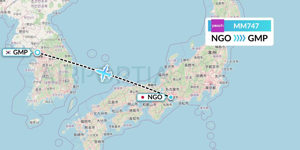 MM747 Peach Aviation Flight Map: Nagoya to Seoul