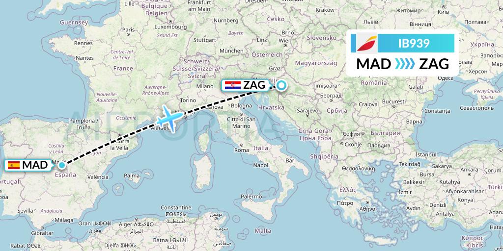 IB939 Iberia Flight Map: Madrid to Zagreb
