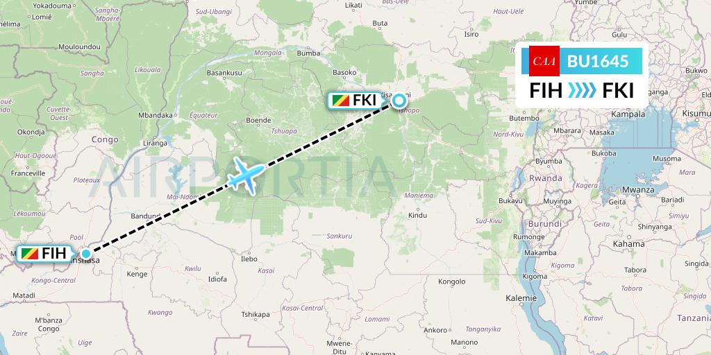 BU1645 flyCAA Flight Map: Kinshasa to Kisangani