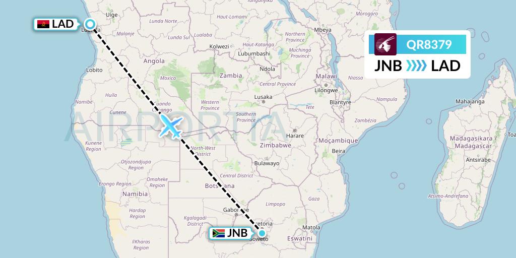 QR8379 Qatar Airways Flight Map: Johannesburg to Luanda