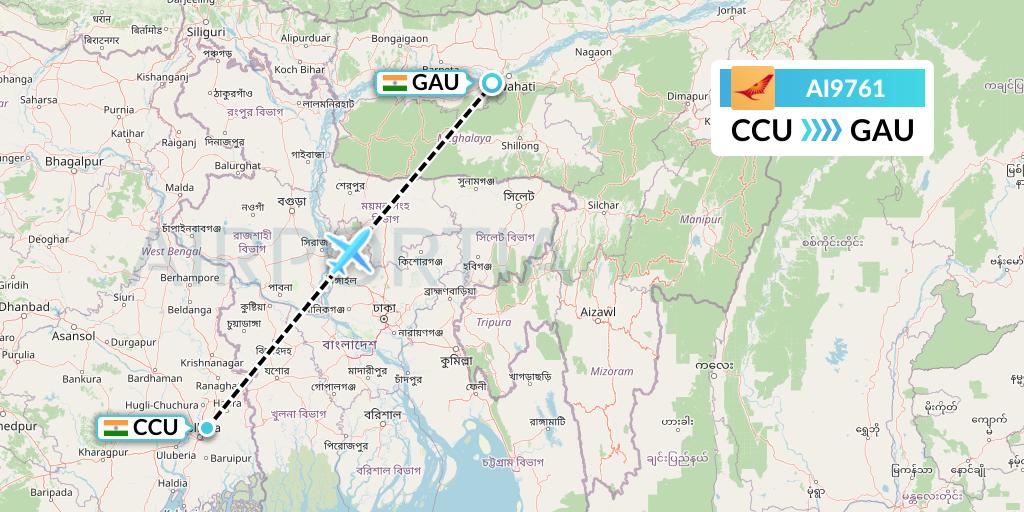 AI9761 Air India Flight Map: Kolkata to Guwahati