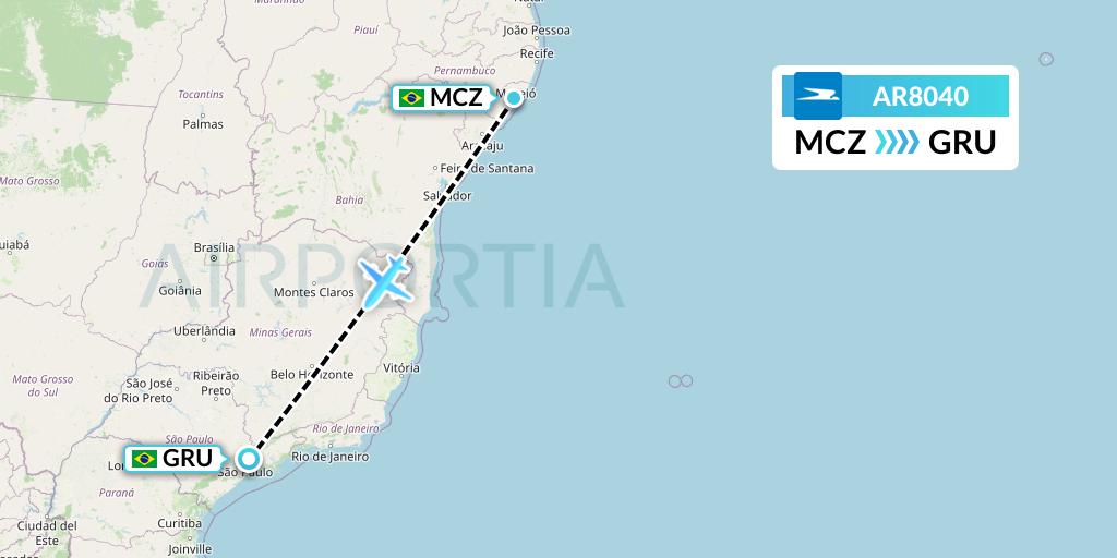AR8040 Aerolineas Argentinas Flight Map: Maceio to Sao Paulo