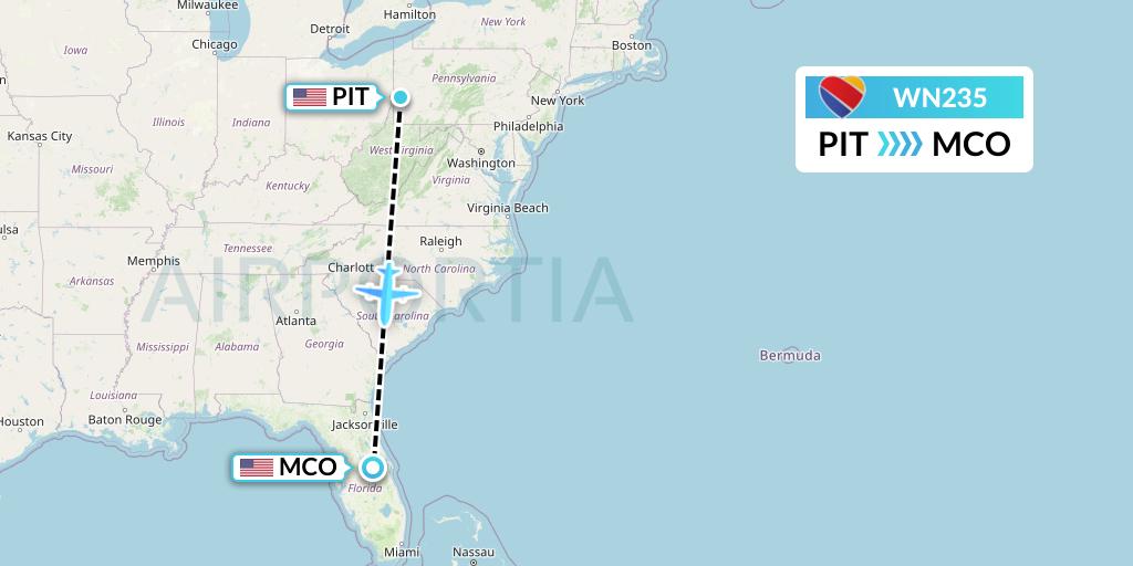 WN235 Southwest Airlines Flight Map: Pittsburgh to Orlando