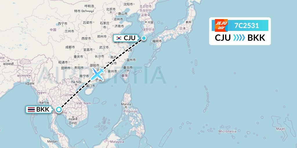 7C2531 Jeju Air Flight Map: Jeju to Bangkok