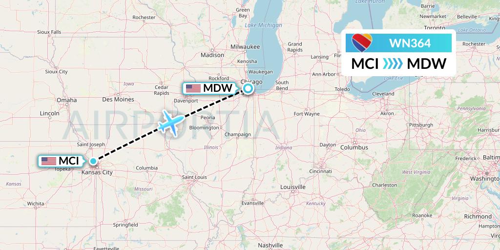WN364 Southwest Airlines Flight Map: Kansas City to Chicago