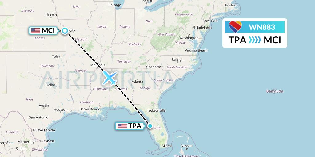 WN883 Southwest Airlines Flight Map: Tampa to Kansas City