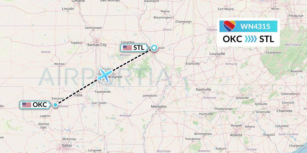 WN4315 Southwest Airlines Flight Map: Oklahoma City to St. Louis