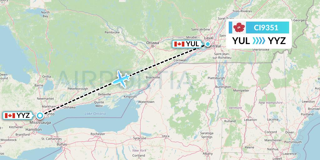 CI9351 China Airlines Flight Map: Montreal to Toronto