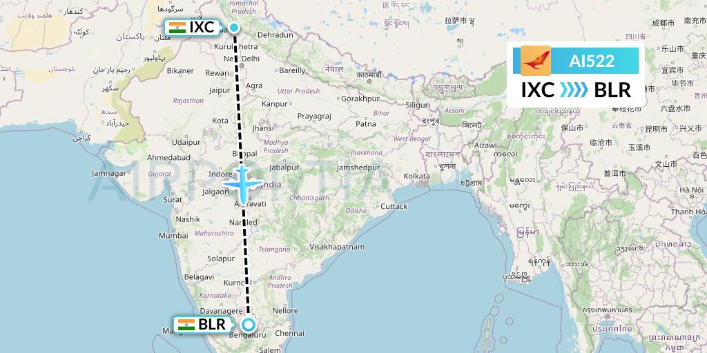 AI522 Air India Flight Map: Chandigarh to Bangalore