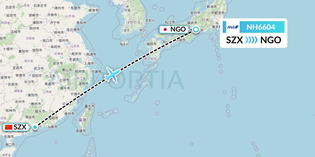 NH6604 All Nippon Airways Flight Map: Shenzhen to Nagoya