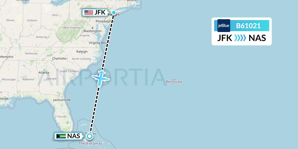 B61021 JetBlue Airways Flight Map: New York to Nassau