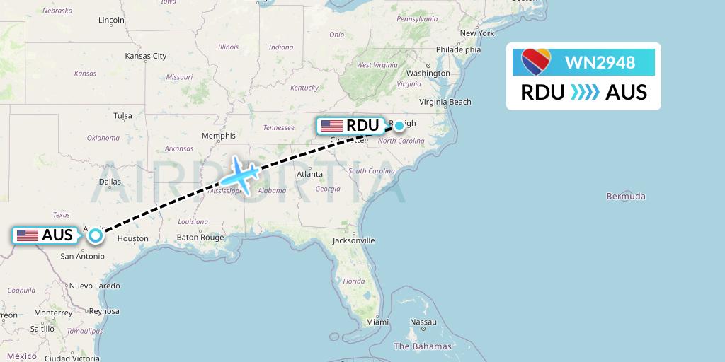 WN2948 Southwest Airlines Flight Map: Raleigh-Durham to Austin