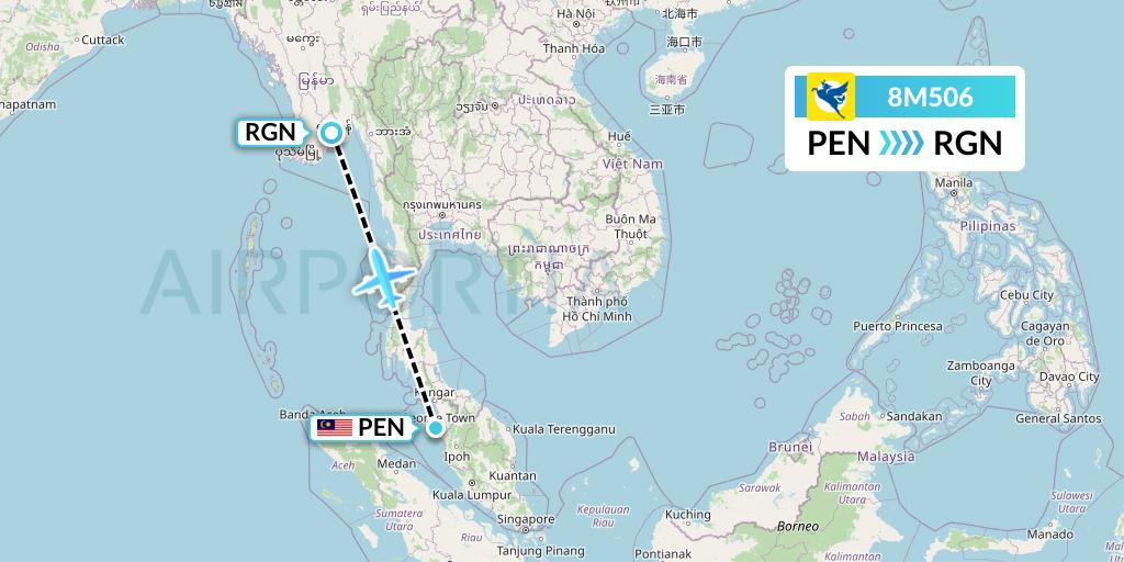 8M506 Myanmar Airways International Flight Map: Penang to Yangon