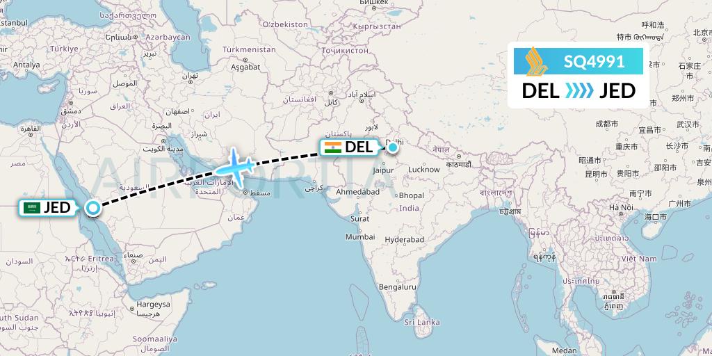SQ4991 Singapore Airlines Flight Map: Delhi to Jeddah