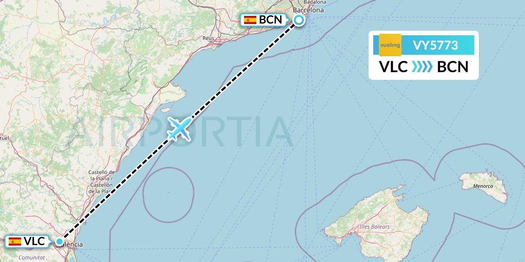 VY5773 Vueling Flight Map: Valencia to Barcelona