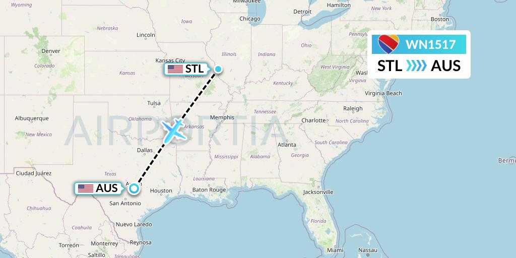 WN1517 Southwest Airlines Flight Map: St. Louis to Austin